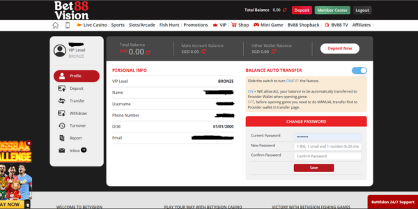Betvision Player Profile Page