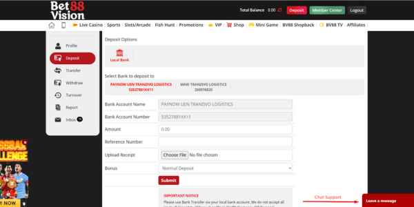 Betvision Player profile deposit page